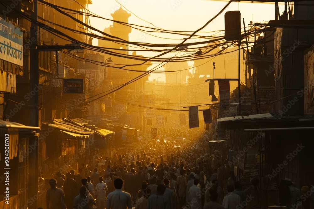 Golden Hour Crowd in a Bustling Indian Bazaar