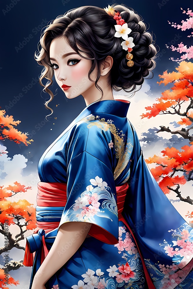 A beautiful and aesthetic girl in kimono with tied up long black curly hair, from side view, surrounded by blossom tree in night, anime art A beautiful and aesthetic girl in kimono with tied up long black curly hair, from side view, surrounded by blossom tree in night, anime art