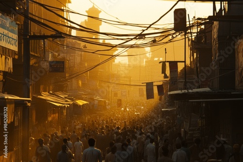 Golden Hour Crowd in a Bustling Indian Bazaar photo