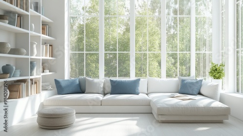 A bright, minimalist living room featuring a long white sofa with soft blue pillows