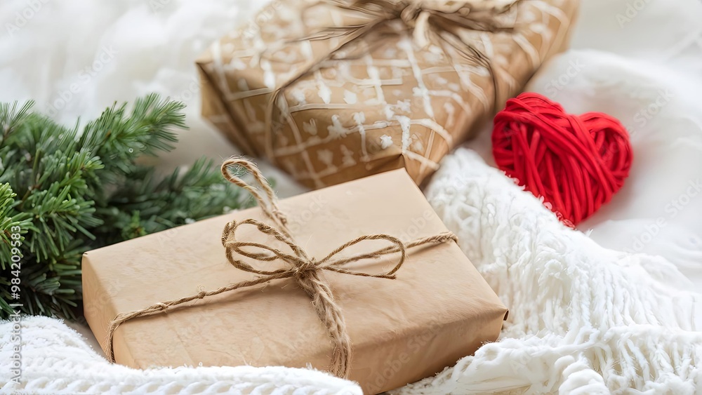 Rustic gift wrapping with red heart on white blanket, Christmas holiday, cozy decor idea Rustic gift wrapping with red heart on white blanket, Christmas holiday, cozy decor idea