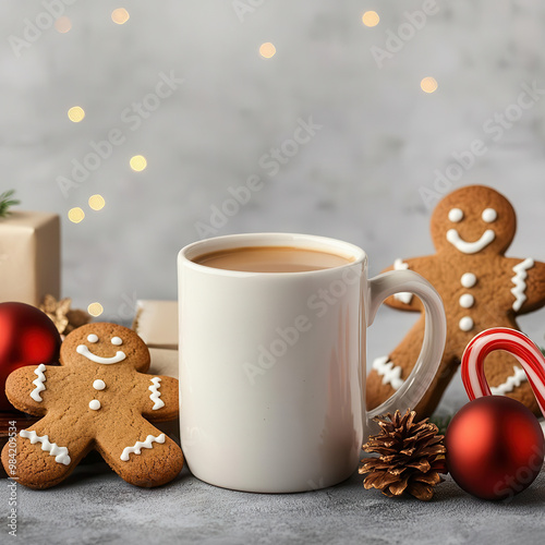 Mug of hot coffee surrounded by gingerbread cookies, candy canes, and ornaments, with a blurred Christmas light background, 3D illustration