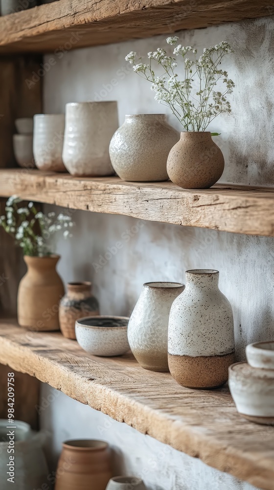 A collection of ceramic vases on rustic wooden shelves, adorned with delicate flowers, showcasing minimalist home decor. A collection of ceramic vases on rustic wooden shelves, adorned with delicate flowers, showcasing minimalist home decor.