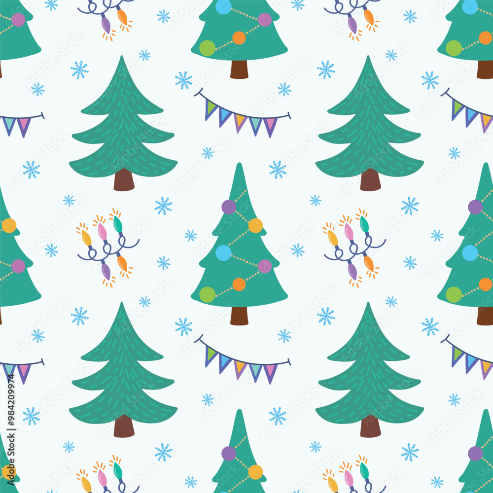 Fototapeta premium Vector seamless pattern with Christmas trees and garlands. New Year and Christmas illustration for wrappers, wallpapers and packaging.