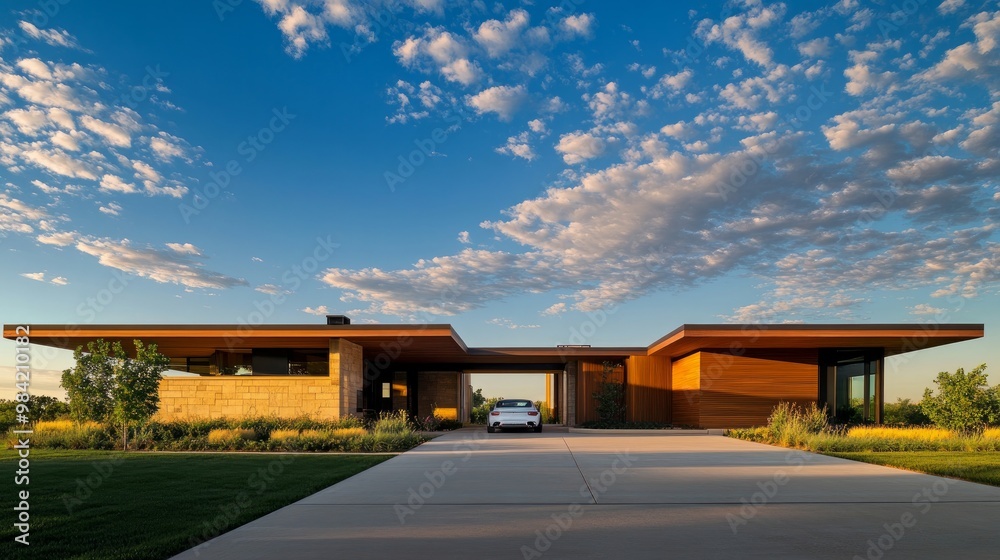 A modern home with a flat roof, a car parked in the driveway, and a cloud-filled, clear blue sky.