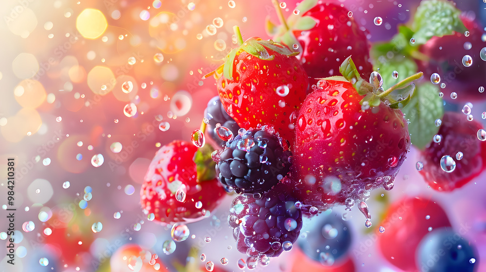 fruits and vegetables splashing in a graphic advertising background.