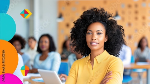 Confident young woman in yellow shirt using laptop in brightly colored modern office.