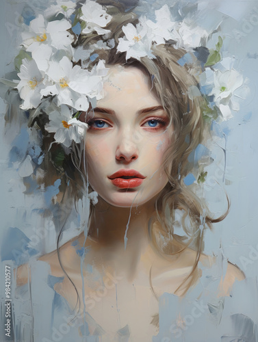 Beautiful young woman portrait in white flower bouquet impasto oil painting, girl face illustration. Nature beauty, self care, wellbeing, beauty concept for poster, flyer, banner