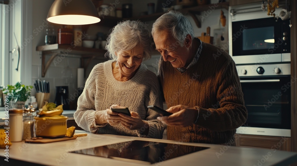 Happy senior couple looking at a smartphone, lying on a kitchen counter and smiling while watching a video or reading a message from family online in a modern home interior. The old man with grey hair Happy senior couple looking at a smartphone, lying on a kitchen counter and smiling while watching a video or reading a message from family online in a modern home interior. The old man with grey hair