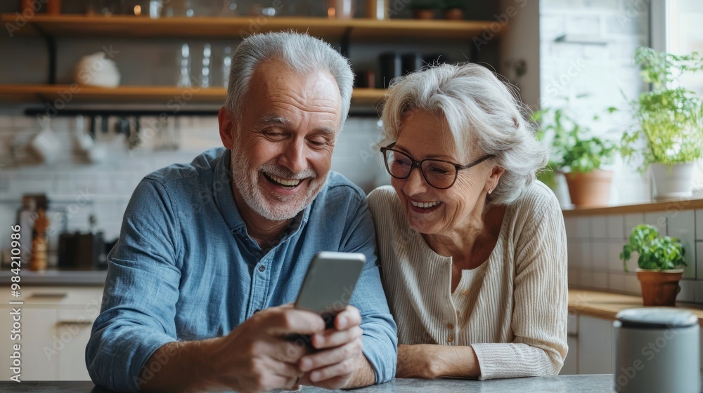 Happy senior couple looking at a smartphone, lying on a kitchen counter and smiling while watching a video or reading a message from family online in a modern home interior. The old man with grey hair Happy senior couple looking at a smartphone, lying on a kitchen counter and smiling while watching a video or reading a message from family online in a modern home interior. The old man with grey hair