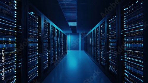 Server Room Corridor with Blue Lighting