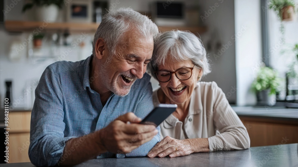 Happy senior couple looking at a smartphone, lying on a kitchen counter and smiling while watching a video or reading a message from family online in a modern home interior. The old man with grey hair Happy senior couple looking at a smartphone, lying on a kitchen counter and smiling while watching a video or reading a message from family online in a modern home interior. The old man with grey hair
