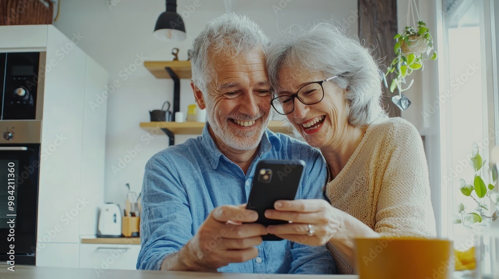 Happy senior couple looking at a smartphone, lying on a kitchen counter and smiling while watching a video or reading a message from family online in a modern home interior. The old man with grey hair Happy senior couple looking at a smartphone, lying on a kitchen counter and smiling while watching a video or reading a message from family online in a modern home interior. The old man with grey hair