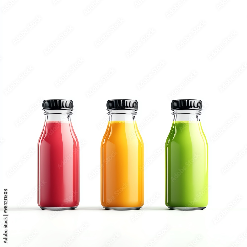 Three colorful juice bottles in a row on white background Three colorful juice bottles in a row on white background