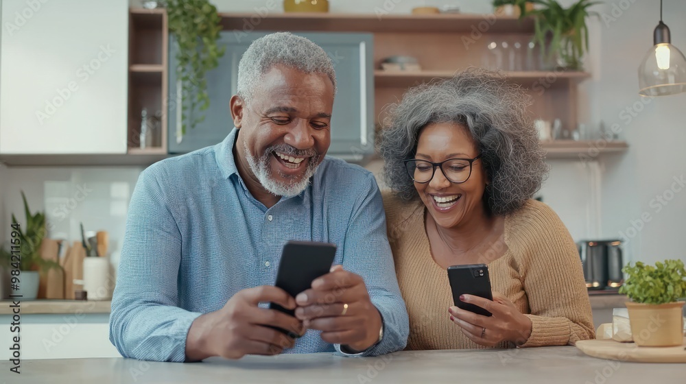 Happy senior couple looking at a smartphone, lying on a kitchen counter and smiling while watching a video or reading a message from family online in a modern home interior. The old man with grey hair Happy senior couple looking at a smartphone, lying on a kitchen counter and smiling while watching a video or reading a message from family online in a modern home interior. The old man with grey hair