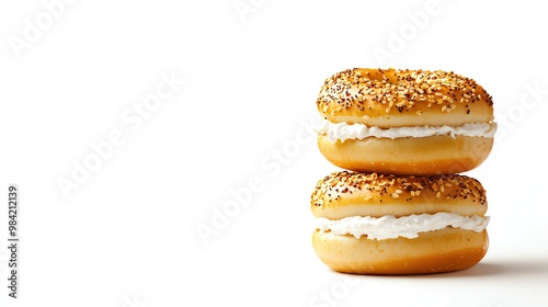 Two bagels with cream cheese stack on white background