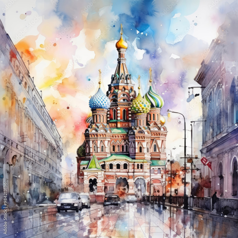 Naklejka premium Watercolor Moscow city street with Red square acryl painting, Saint Basil Cathedral watercolor illustration. Travel concept, art for design poster, greeting card, invitation