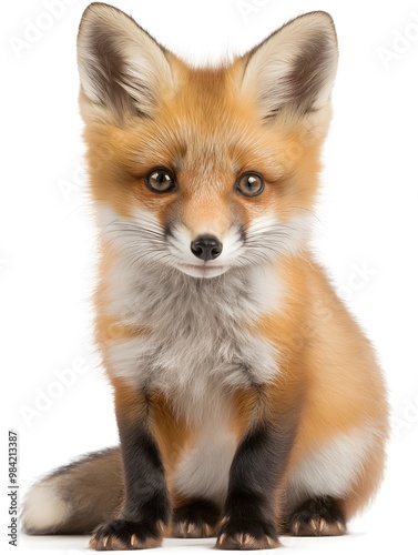 Young red fox isolated on white background. Fluffy wild animal. Adorable urban wildlife.