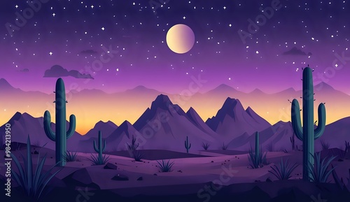 A night sky with stars and a crescent moon over a desert landscape with cacti and mountains.