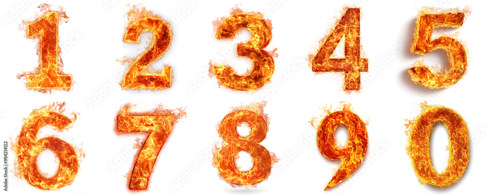 set of hell fire numbers: 1, 2, 3, 4, 5, 6, 7, 8, 9, 0. isolated on white background