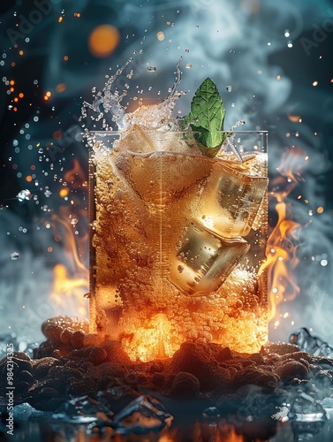 An ice tea, block of ice, in lava, steam coming off. Generative AI. photo