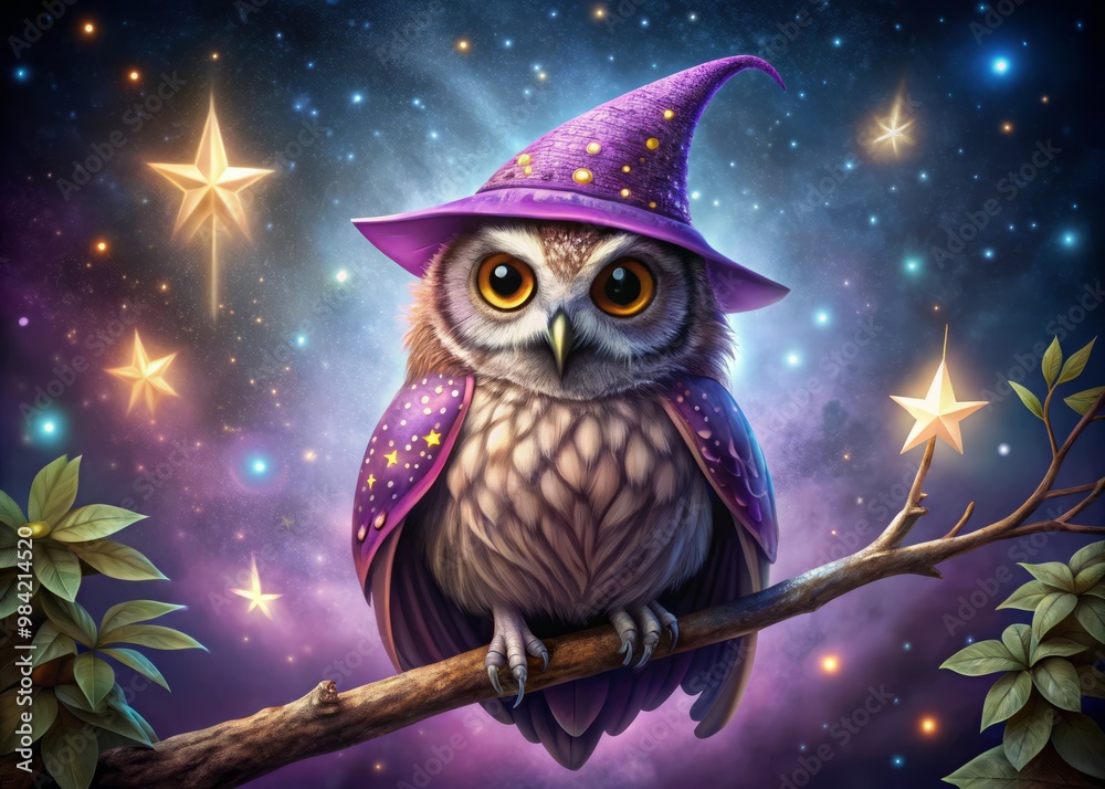 Wisdom-filled eyes gleam from under pointed hat, adorned with glittering stars, as owl grasps radiant staff, purple robe billowing in gentle breeze on ancient branch. Wisdom-filled eyes gleam from under pointed hat, adorned with glittering stars, as owl grasps radiant staff, purple robe billowing in gentle breeze on ancient branch.