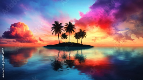 Majestic Tropical Sunset with Bold Colors and Silhouetted Palm Trees