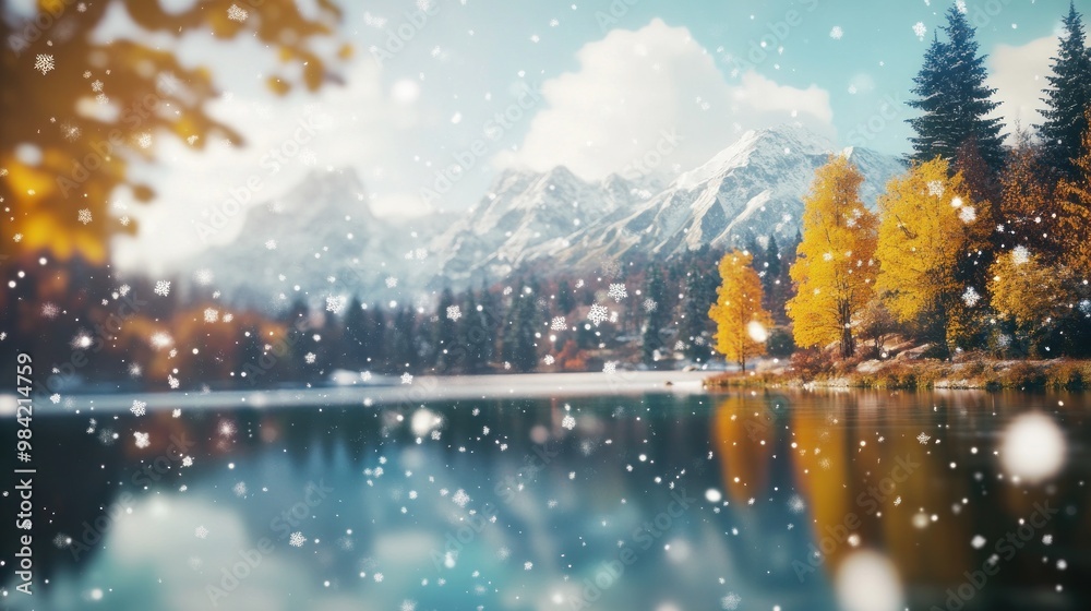 Snowy Mountain Lake with Autumn Trees Snowy Mountain Lake with Autumn Trees