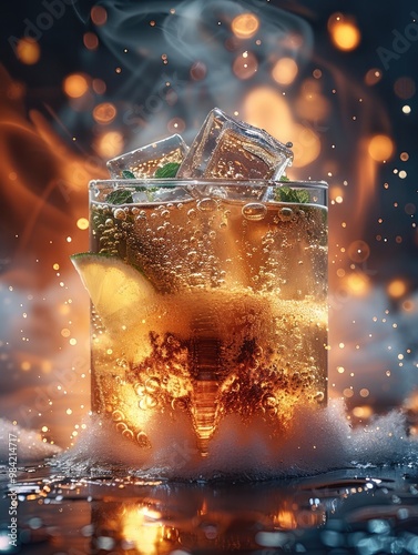 An ice tea, block of ice, in lava, steam coming off. Generative AI. photo