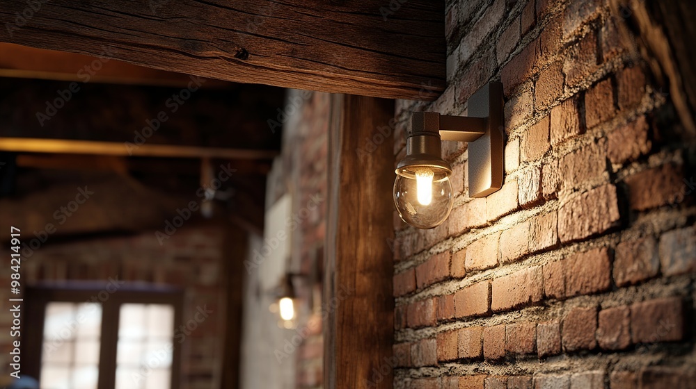A warm-lit wall sconce illuminates a rustic brick interior with wooden beams. A warm-lit wall sconce illuminates a rustic brick interior with wooden beams.