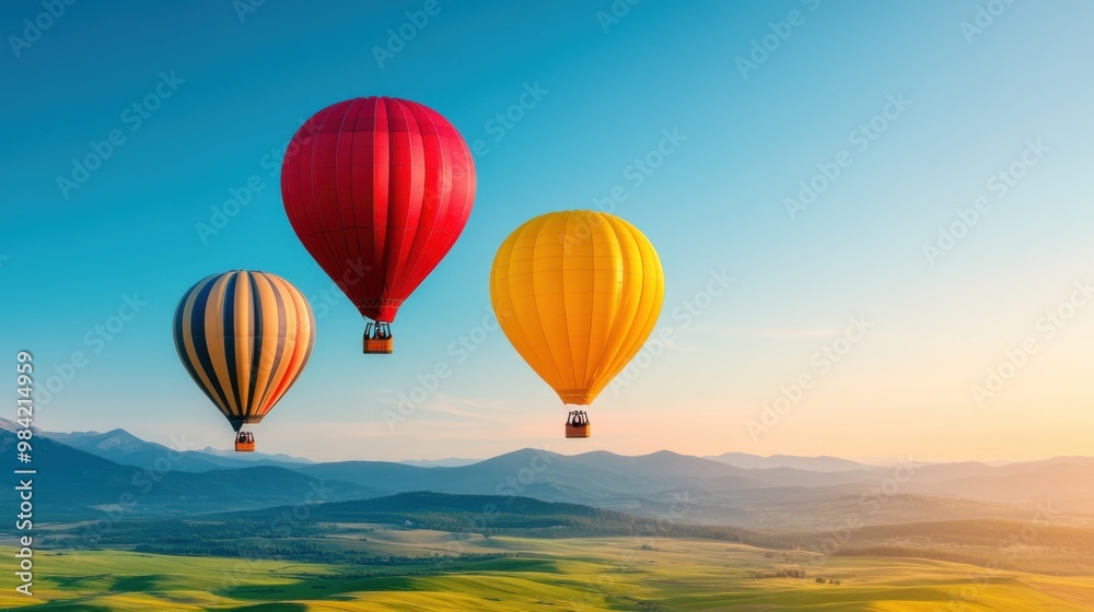 Fototapeta premium Serene Skies: Colorful Hot Air Balloons Soaring Over Lush Green Fields with Bold Contrasts