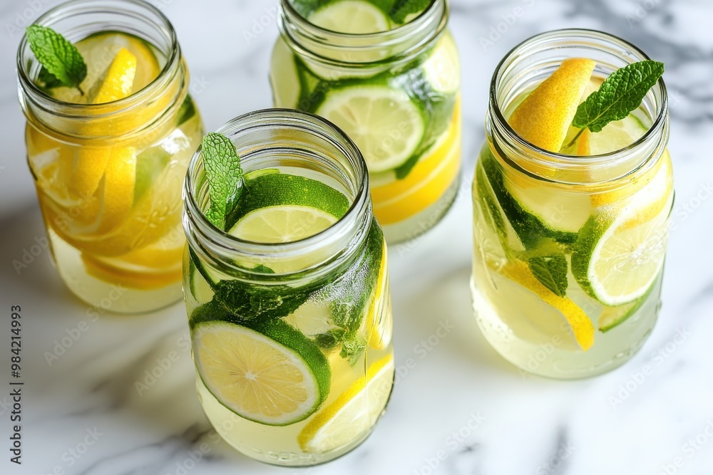 A clean and fresh arrangement of lemon and lime-infused water served in mason jars A clean and fresh arrangement of lemon and lime-infused water served in mason jars