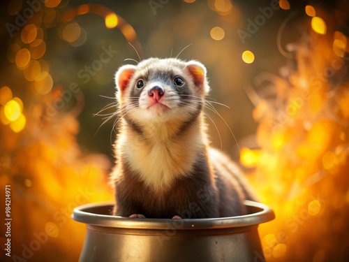 Caped ferret leans over a steaming, golden-lit cauldron, its eyes rounding in wonder as it takes in the intoxicating scent, its whiskers trembling with excitement. photo