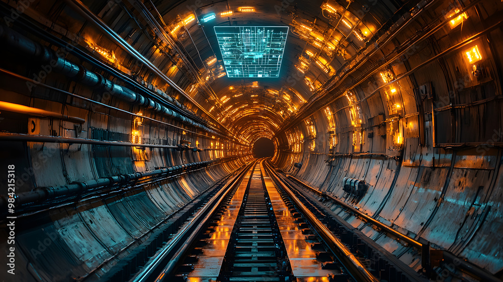 Fototapeta premium A futuristic underground tunnel illuminated by dynamic orange lights, showcasing modern design in urban transportation.