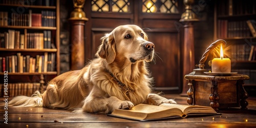 In a cozy, old-fashioned library, a bewildered Golden Retriever paws at a dusty spellbook, its ears perked up in concentration, as it strives to grasp the fundamentals of magic despite