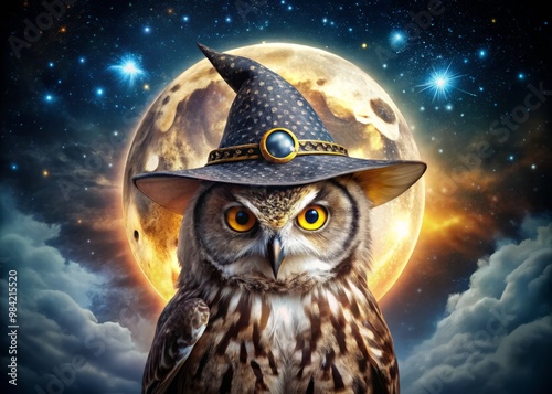 Reworked by moonbeams, the owl's visage radiates sage wisdom, its razor-sharp eyesight piercing the veil of reality, its ornate wizard's hat and cloak rustling softly in the stillness of the night. photo