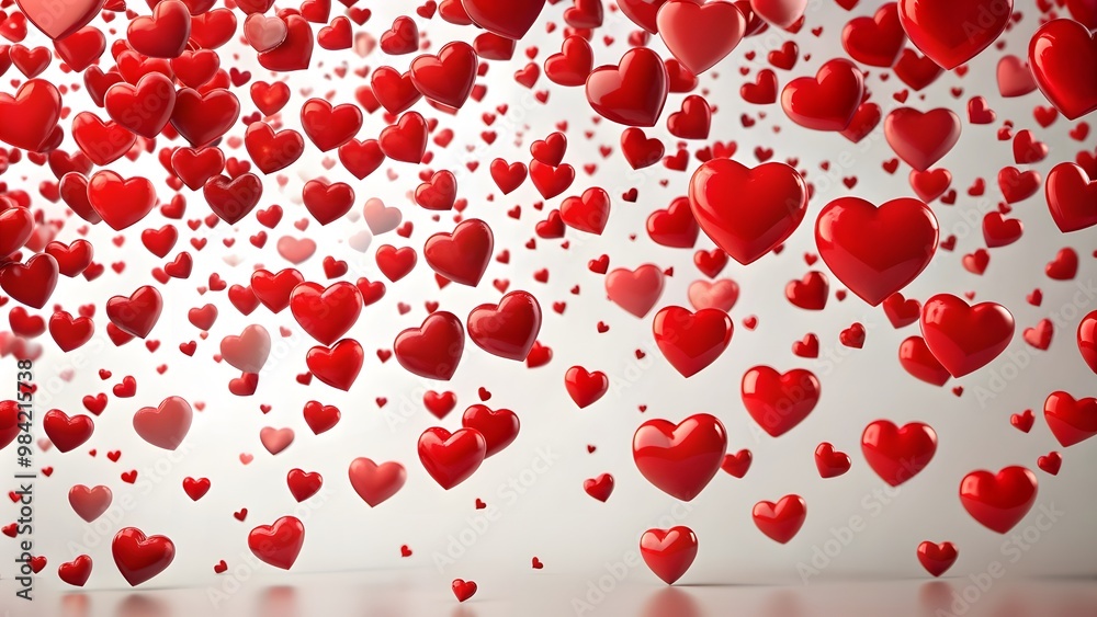 Love Valentine's background with pink falling hearts over white. Valentine's Day background with red and pink hearts on a white background, flat lay. Love Valentine's background with pink falling hearts over white. Valentine's Day background with red and pink hearts on a white background, flat lay.
