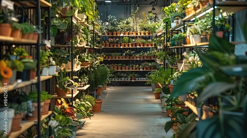 A plant store with planter pots on shelf. Generative AI.