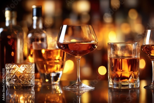 A collection of various liquor-filled glasses, from whiskey tumblers to elegant martini glasses