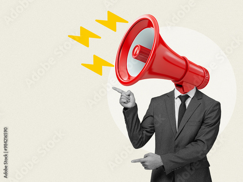Businessman with megaphone head, announcement or communication concept, Contemporary art collage, Modern design