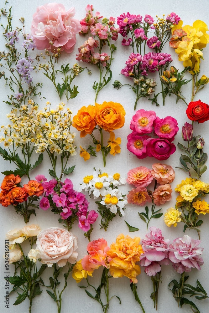 Obraz premium A set of vibrant flowers arranged in a perfect grid on a backdrop. 