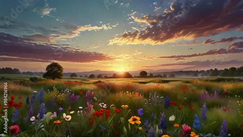 Sunset over a field of wildflowers and soft hills