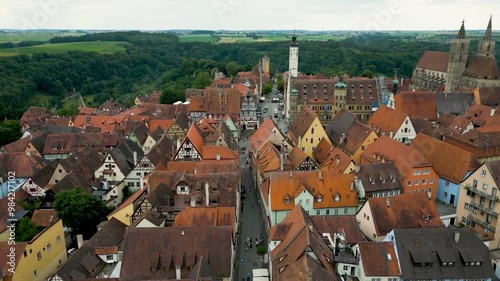 4K Aerial Drone Video of Town Hall and Historic Homes in Downtown Rothenburg ob der Tauber, Germany photo