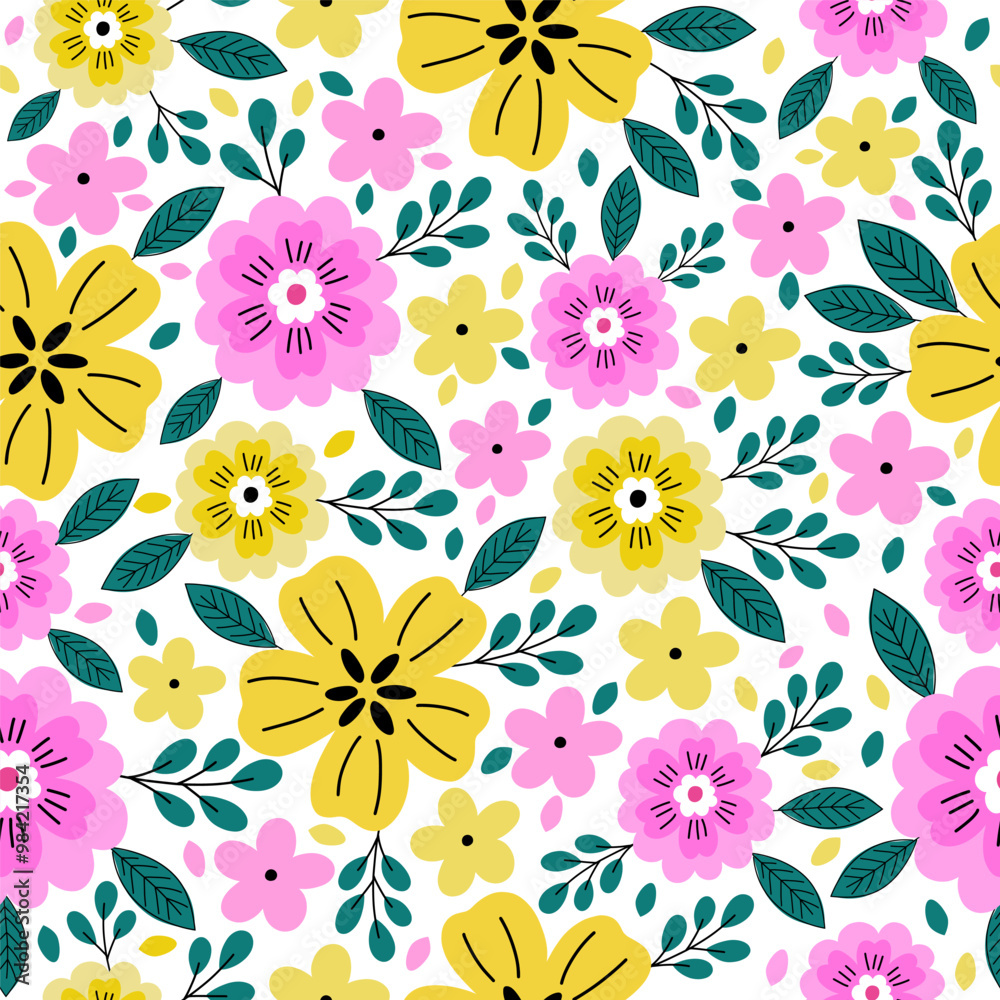 Seamless pattern with pink and yellow flower blossom garden. Cute hand drawn floral pattern for your fabric, summer background, wallpaper, backdrop, textile. Seamless pattern with pink and yellow flower blossom garden. Cute hand drawn floral pattern for your fabric, summer background, wallpaper, backdrop, textile.