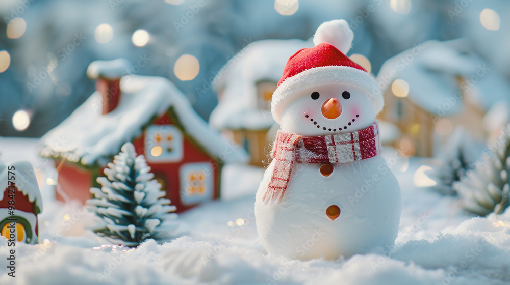 Fototapeta premium Christmas decoration with little cute snowman in small town with snow-covered houses and trees