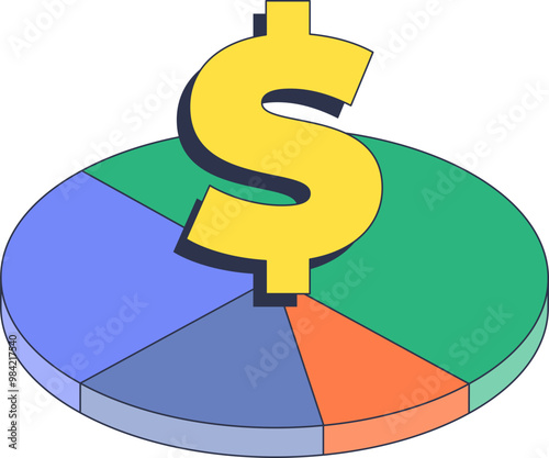 A pie chart divided into various colored segments with a dollar sign in the center, symbolizing financial distribution and analysis.