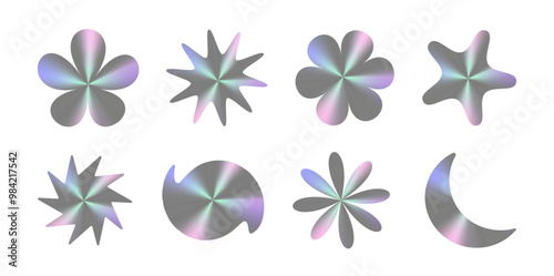 Set of holographic emblems featuring various abstract shapes, including flowers, stars, a heart, and a moon. Emblem displays a soft metallic gradient with holographic effects, stickers, or labels.