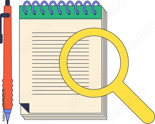 A notepad with a magnifying glass and a pen, symbolizing detailed examination of financial statements.