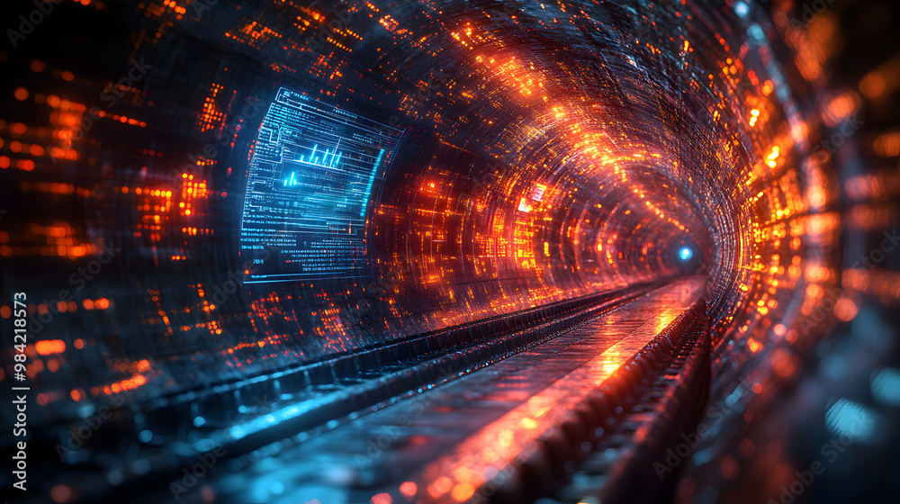 Futuristic tunnel illuminated with vibrant blue and orange lights, showcasing a digital surreal atmosphere and a sense of movement. Futuristic tunnel illuminated with vibrant blue and orange lights, showcasing a digital surreal atmosphere and a sense of movement.