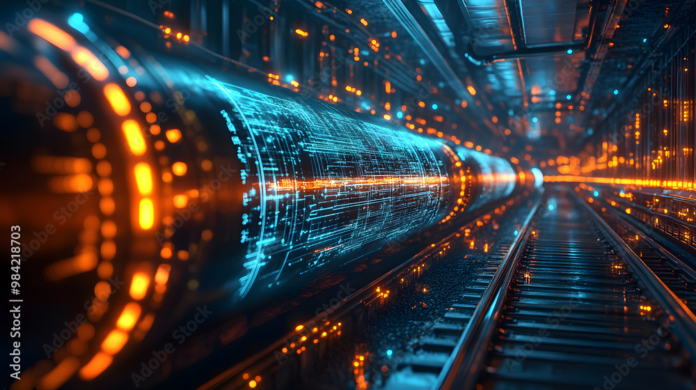 Futuristic tunnel with glowing blue and orange lights, showcasing an advanced technological environment and a sense of motion. Futuristic tunnel with glowing blue and orange lights, showcasing an advanced technological environment and a sense of motion.